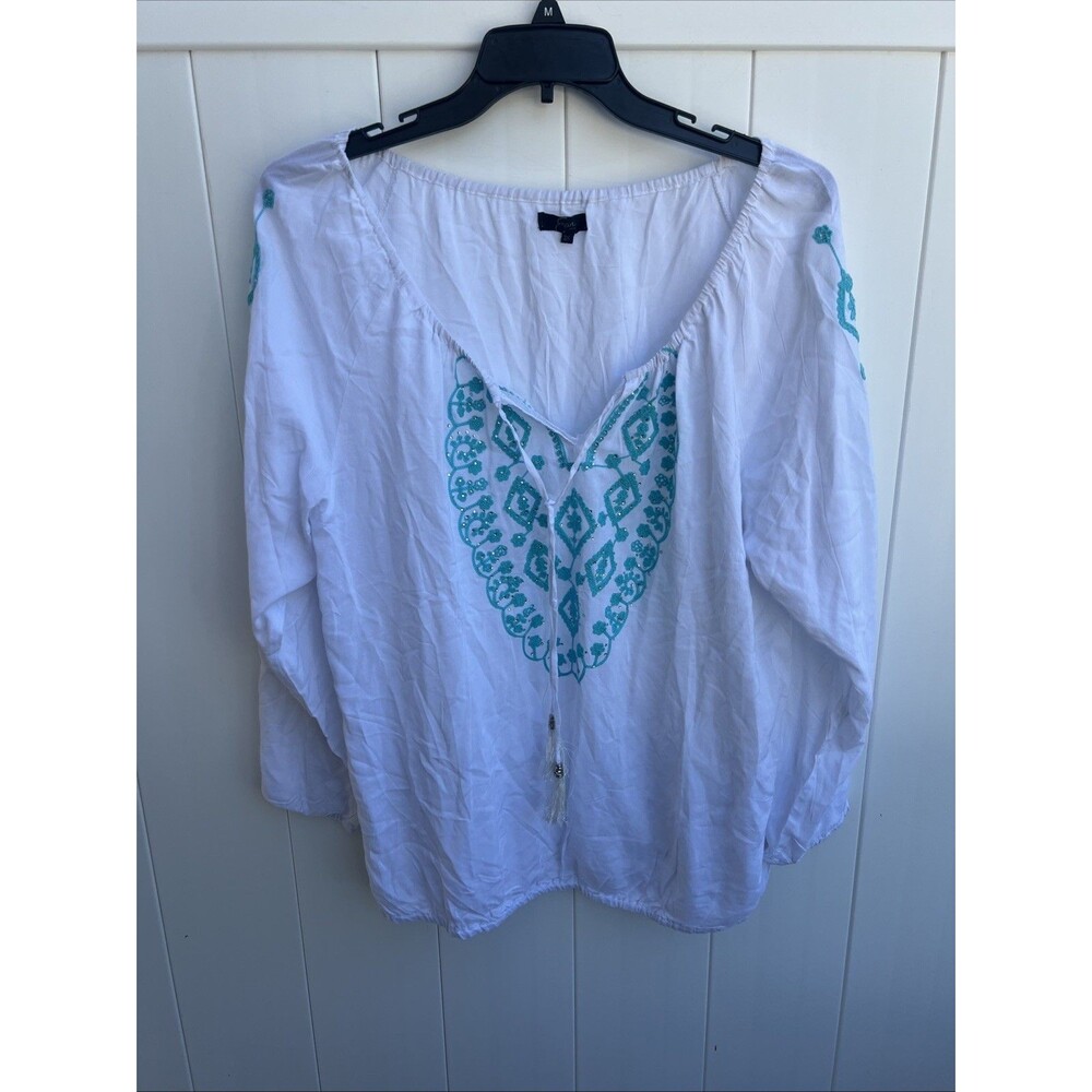 Earl Jean Top 2X Womens Boho Tassel Embroidered White Rayon